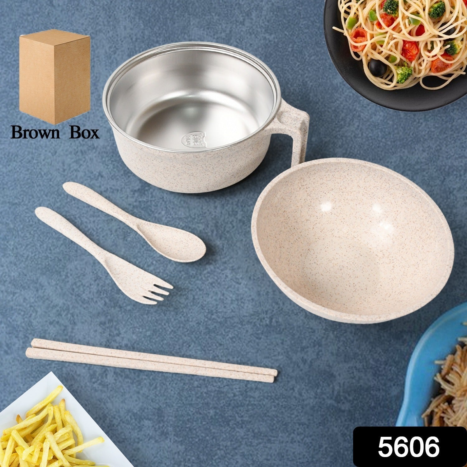 5606 Rice Bowl Noodle 1 Bowl with 1 Lid and Handle Wheat Straw Noodle Bowls with Wheat Straw 1 Fork, 2 Chopsticks, 1 Spoon for Soup Salad Cooker Snack Set (6 Pcs Set) 5606 Rice Bowl Noodle 1 Bowl with 1 Lid and Handle Wheat Straw Noodle Bowls with Wheat Straw 1 Fork, 2 Chopsticks, 1 Spoon for Soup Salad Cooker Snack Set (6 Pcs Set)